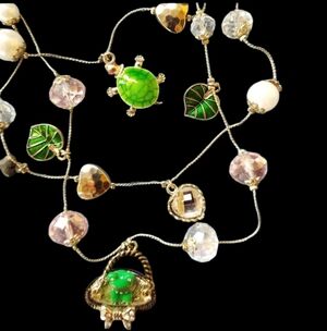 🐢🐸Betsey Walk In The Park Frog In A Basket Turtle Green Necklace 3-Strand GPC
